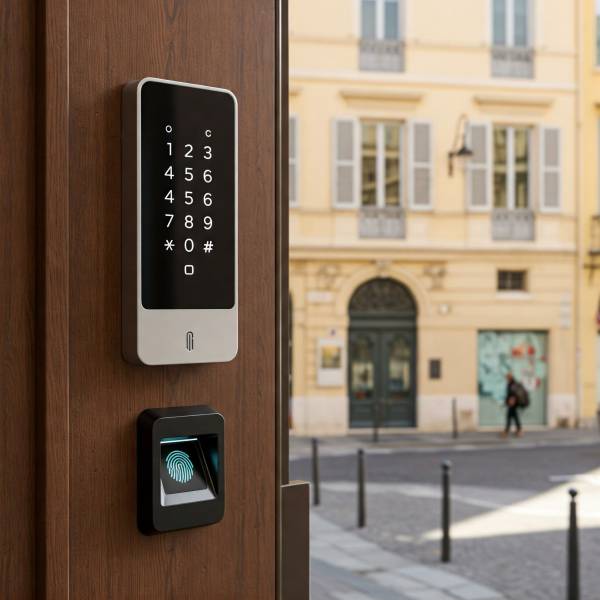 contrôle d’accès avec digicode et lecteur d’empreinte digitale